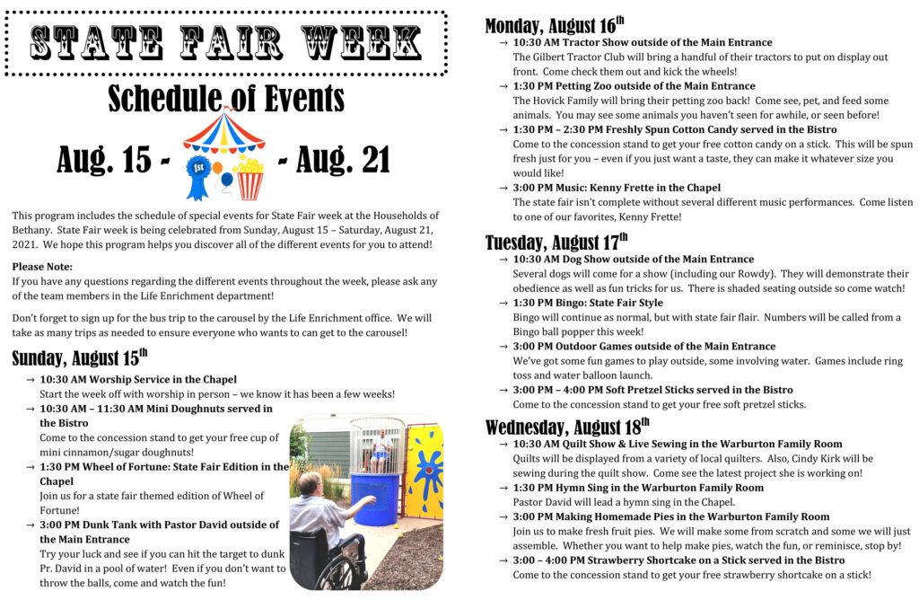 Bethany Life State Fair Week: August 15th - 21st